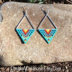 Turquoise with Native Colors Triangle Beaded Earrings, New, Handmade by Me